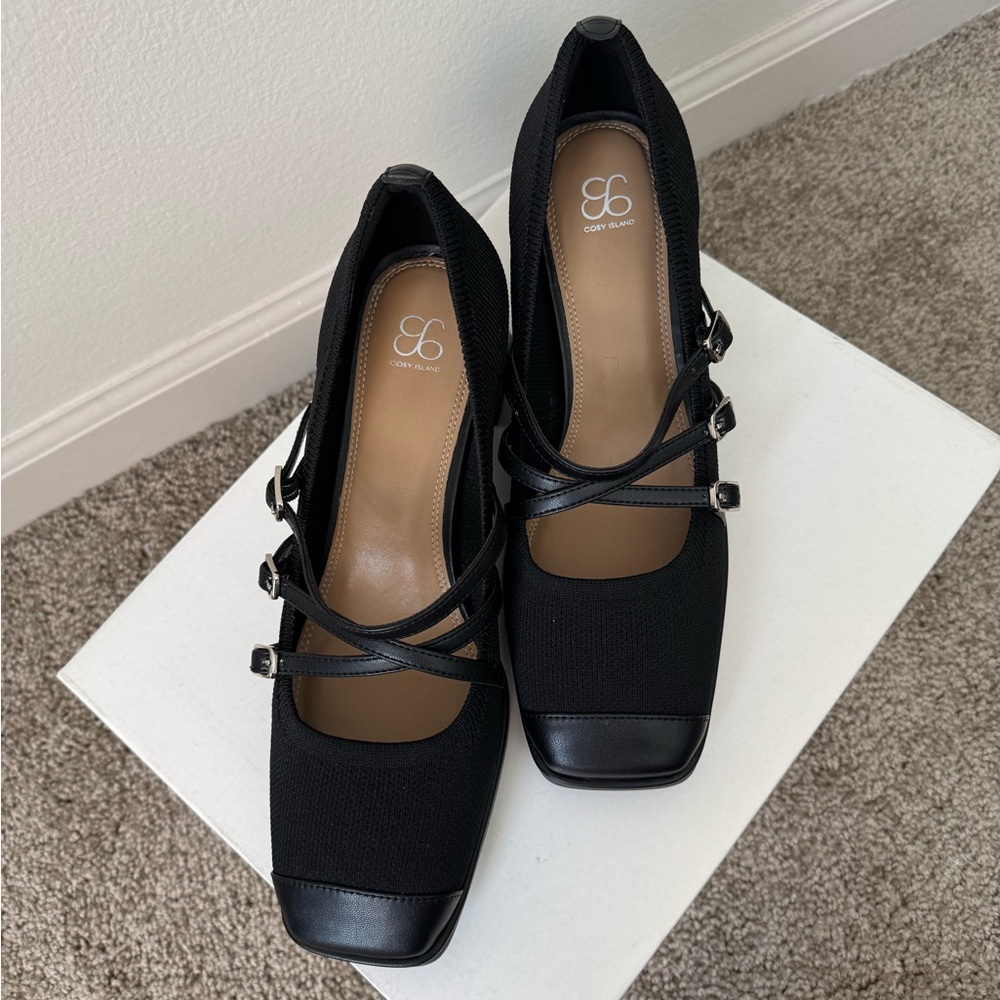 cosy island Mary Jane style with block heels black shoes Size 8.5, new